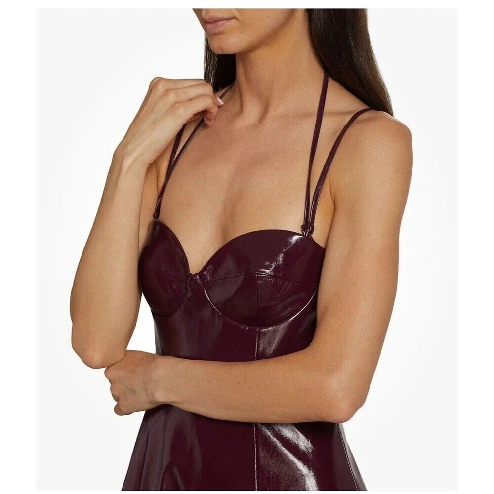 Staud Women Abstract Plum Burgundy Corset Faux Leather Midi Dress